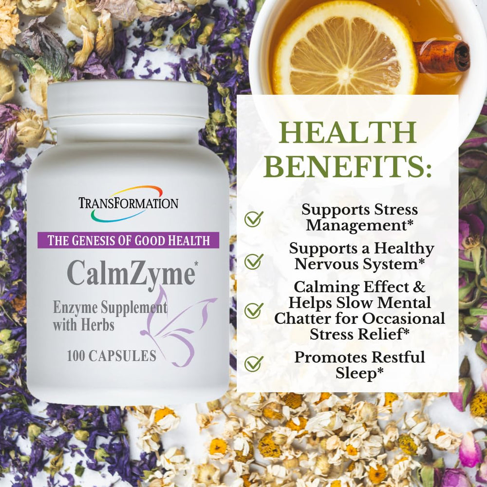 Transformation CalmZyme herbal blend image emphasizes calming herbs and natural wellness benefits.