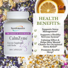 Transformation CalmZyme herbal blend image emphasizes calming herbs and natural wellness benefits.