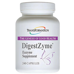 Transformation DigestZyme bottle demonstrates gentle enzyme support paired with probiotics for daily digestion.
