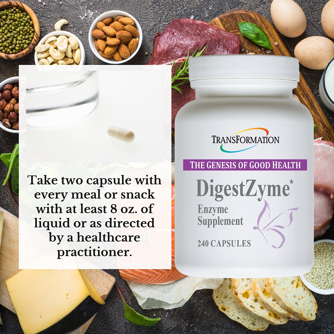 Transformation DigestZyme label displaying full enzyme spectrum for protein, carb, and fat digestion.