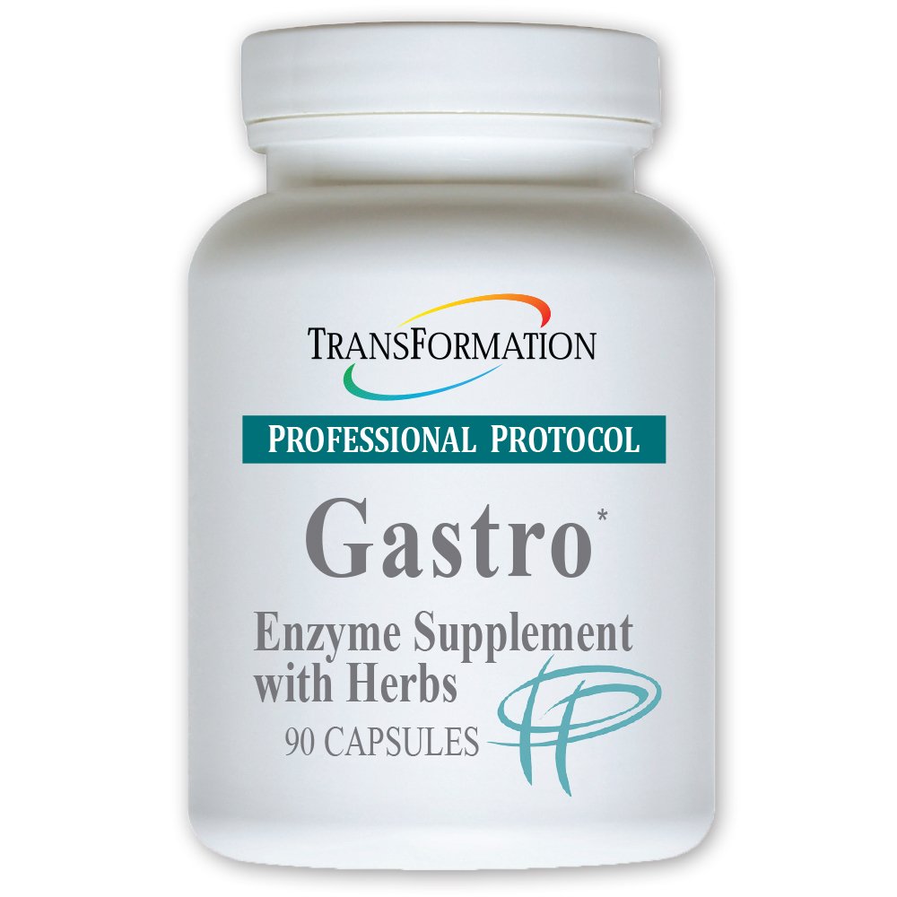 TRANSFORMATION Gastro enzyme supplement bottle displaying label for digestive support after meals.