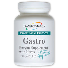 TRANSFORMATION Gastro enzyme supplement bottle displaying label for digestive support after meals.
