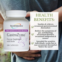 TRANSFORMATION GastroZyme herbal ingredients display with papaya leaf for mucosal soothing.