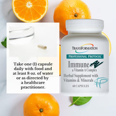 Transformation Genesis Immune AV bottle beside vitamins and herbs shows integrated nutrients.