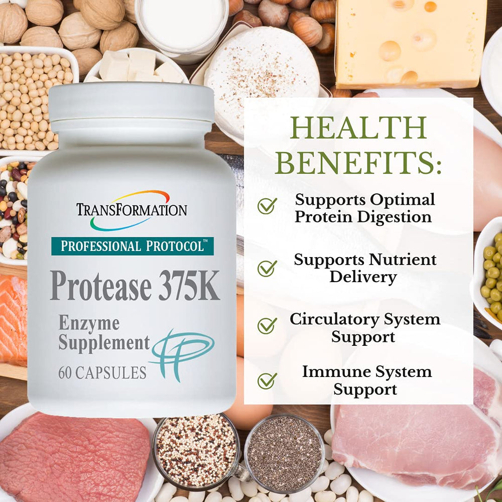 TRANSFORMATION Genesis Protease 375K capsules close-up emphasizing potency for digestion.