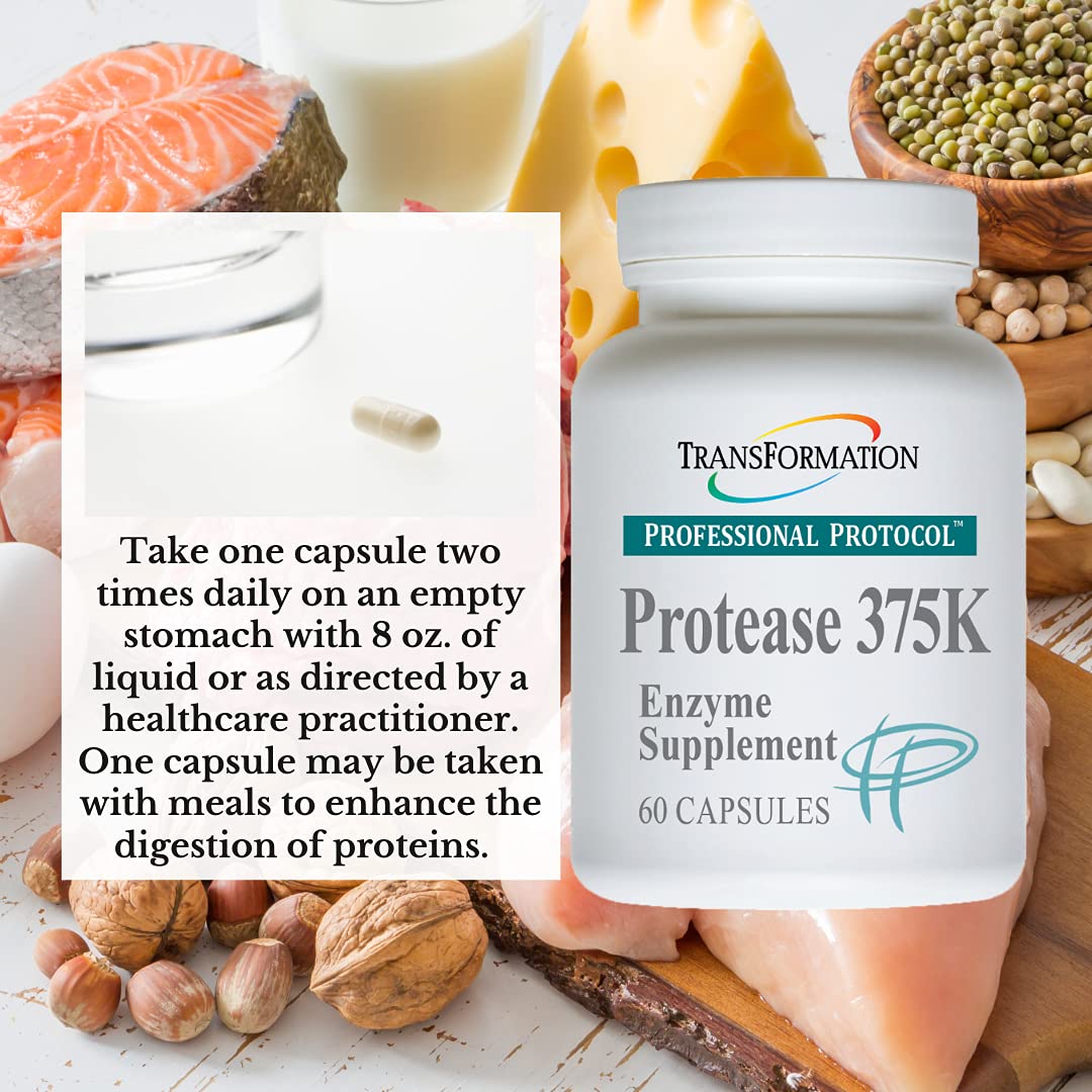 TRANSFORMATION Genesis Protease 375K label detail shows non-GMO and allergen-free formulation.
