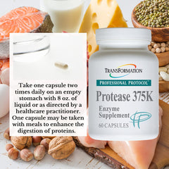 TRANSFORMATION Genesis Protease 375K label detail shows non-GMO and allergen-free formulation.
