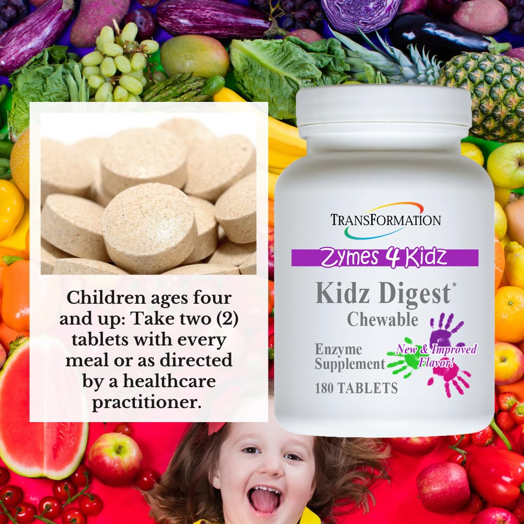 Transformation Kidz Digest easy chewables aid digestion during meals.