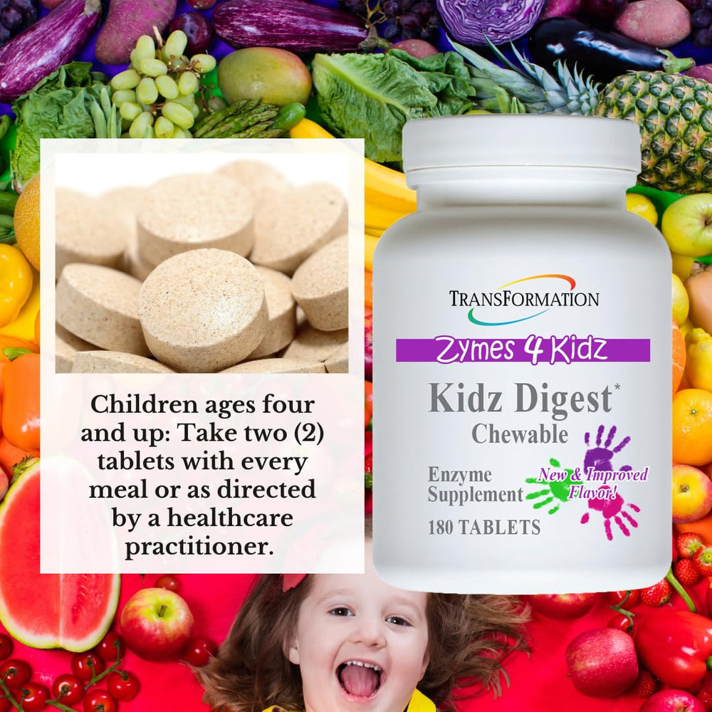 Transformation Kidz Digest easy chewables aid digestion during meals.
