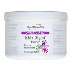 TRANSFORMATION Kidz Digest Powder bottle showcases kid-friendly digestive support for healthy meals.