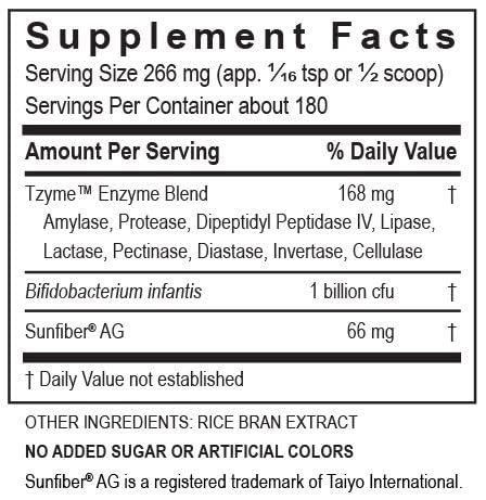 TRANSFORMATION Kidz Digest Powder bottle and spoon illustrate its use with formula or breast milk.