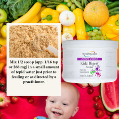 TRANSFORMATION Kidz Digest Powder pouch highlights non-GMO, allergen-free formula for peace of mind.