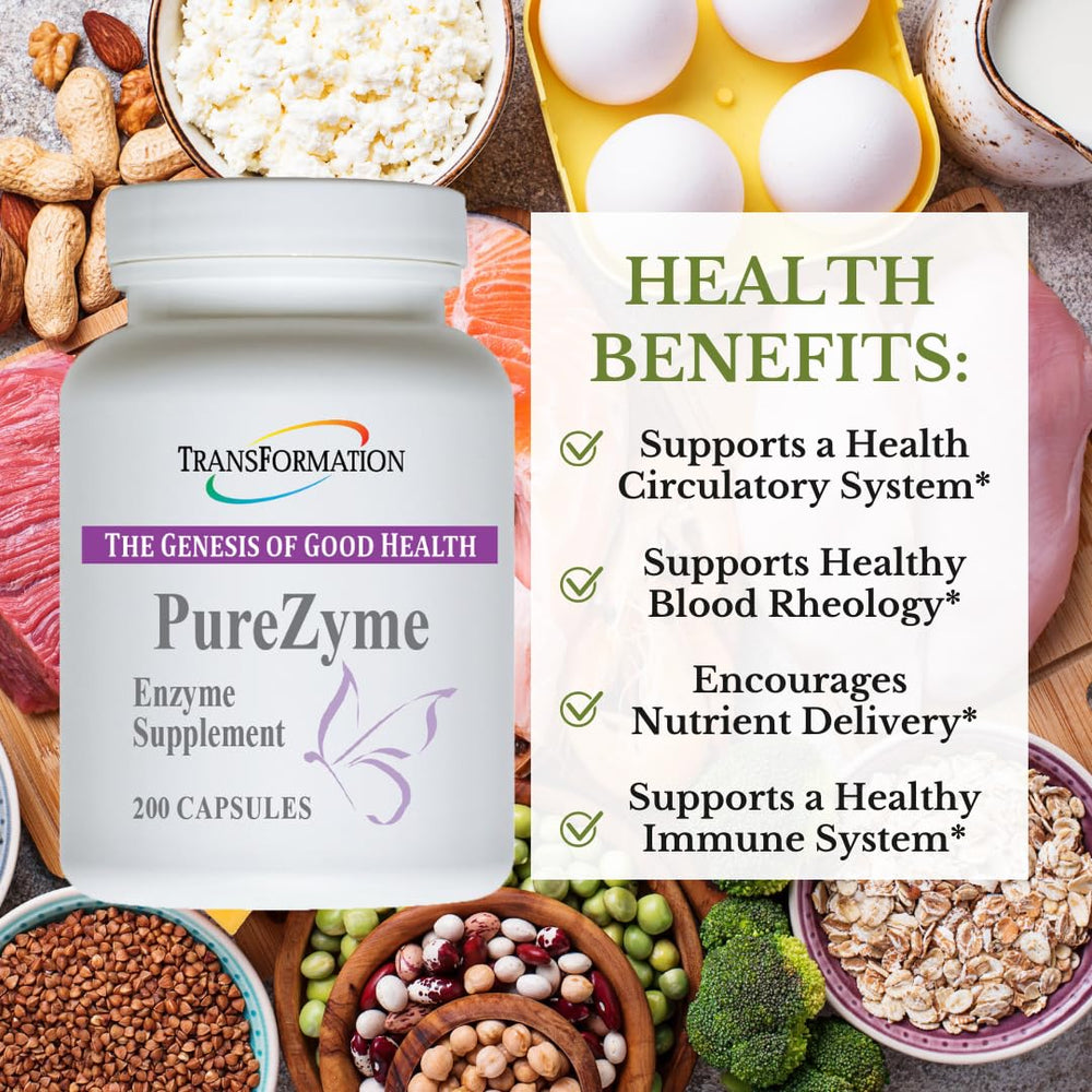 TRANSFORMATION Purezyme capsules shown promoting nutrient digestion and energy potential.