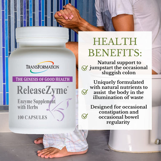 Close-up of ReleaseZyme label highlighting herbal blend for digestive support.