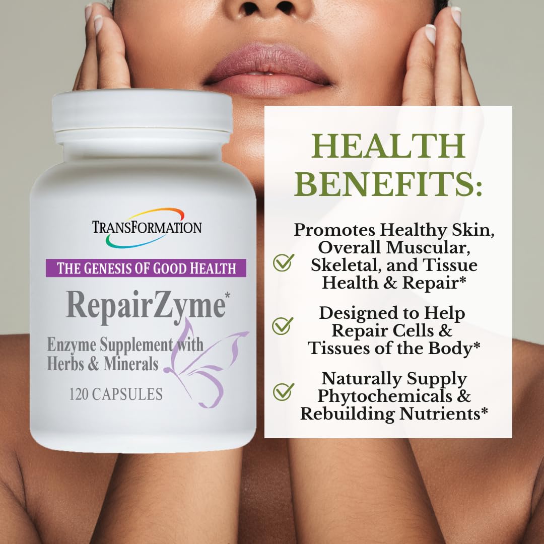 Transformation RepairZyme ingredients panel highlights natural components for gut health.