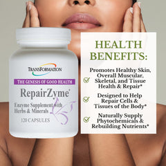Transformation RepairZyme ingredients panel highlights natural components for gut health.