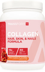 TransformHQ Beauty Collagen fruit punch tub shows premium daily formula for routine