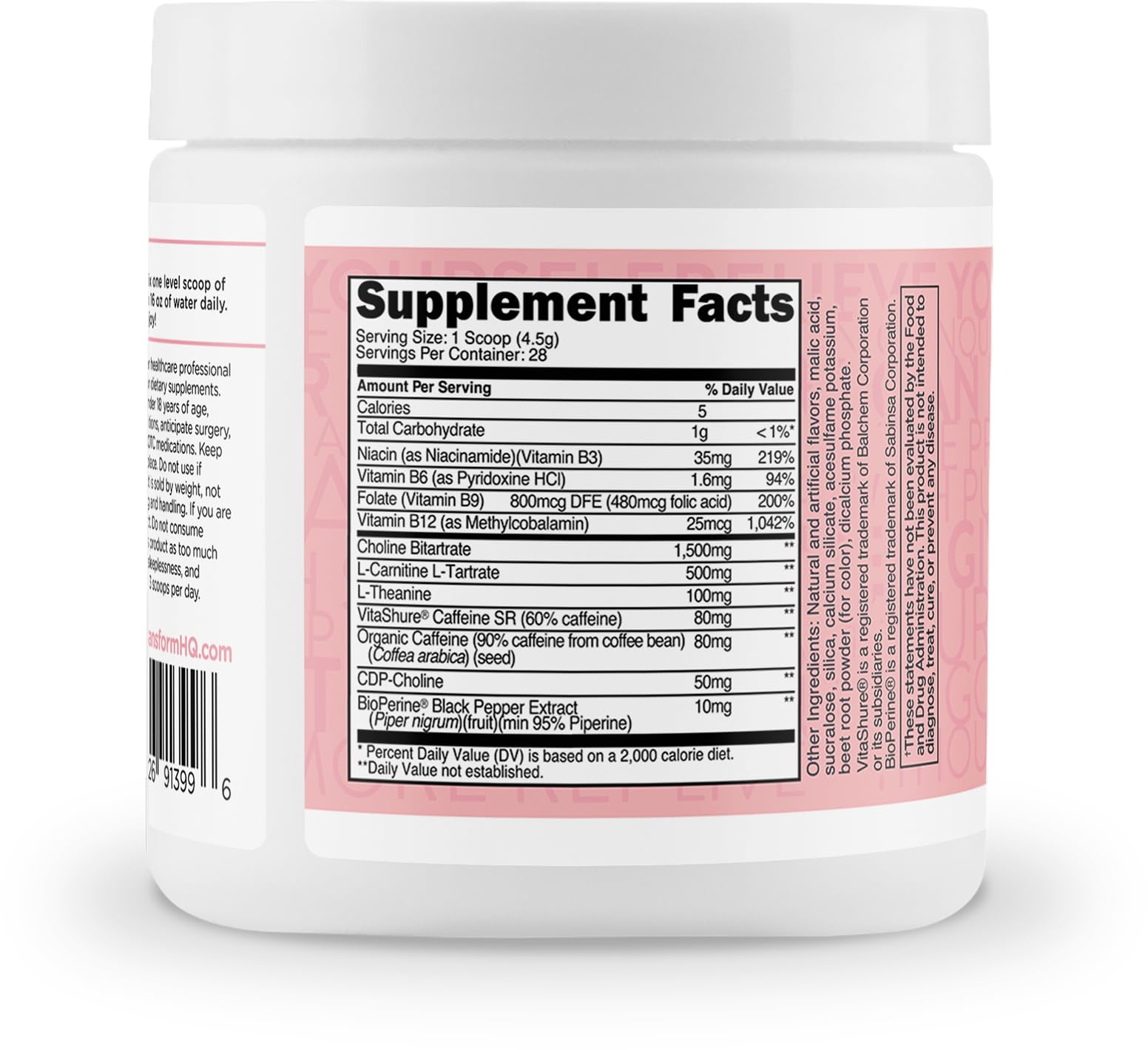 TransformHQ Energy & Focus Powder label close-up highlights clean ingredients