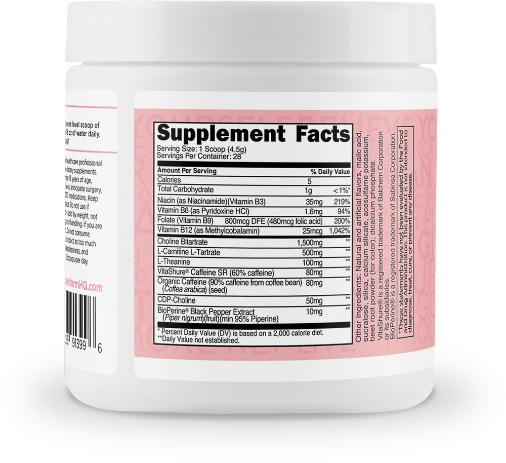TransformHQ Energy & Focus Powder label close-up highlights clean ingredients