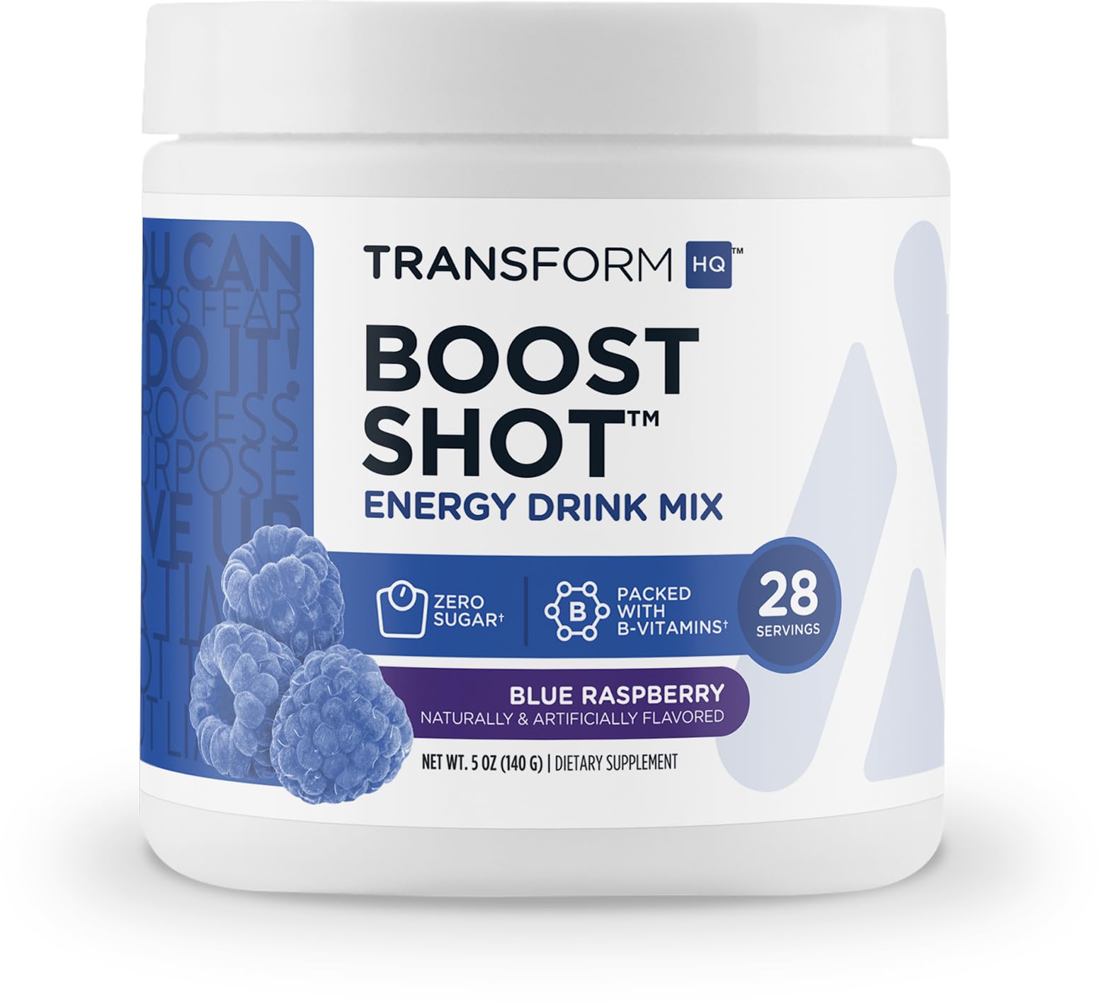 TransformHQ Energy & Focus blue raspberry canister ready for daily use to boost energy and focus