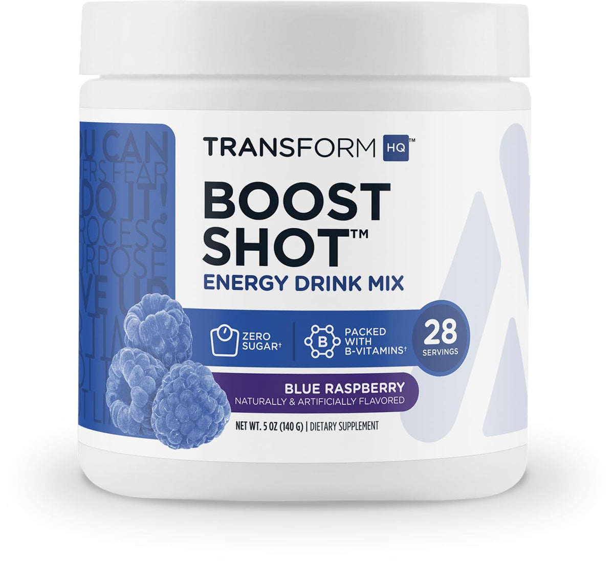 TransformHQ Energy & Focus blue raspberry canister ready for daily use to boost energy and focus