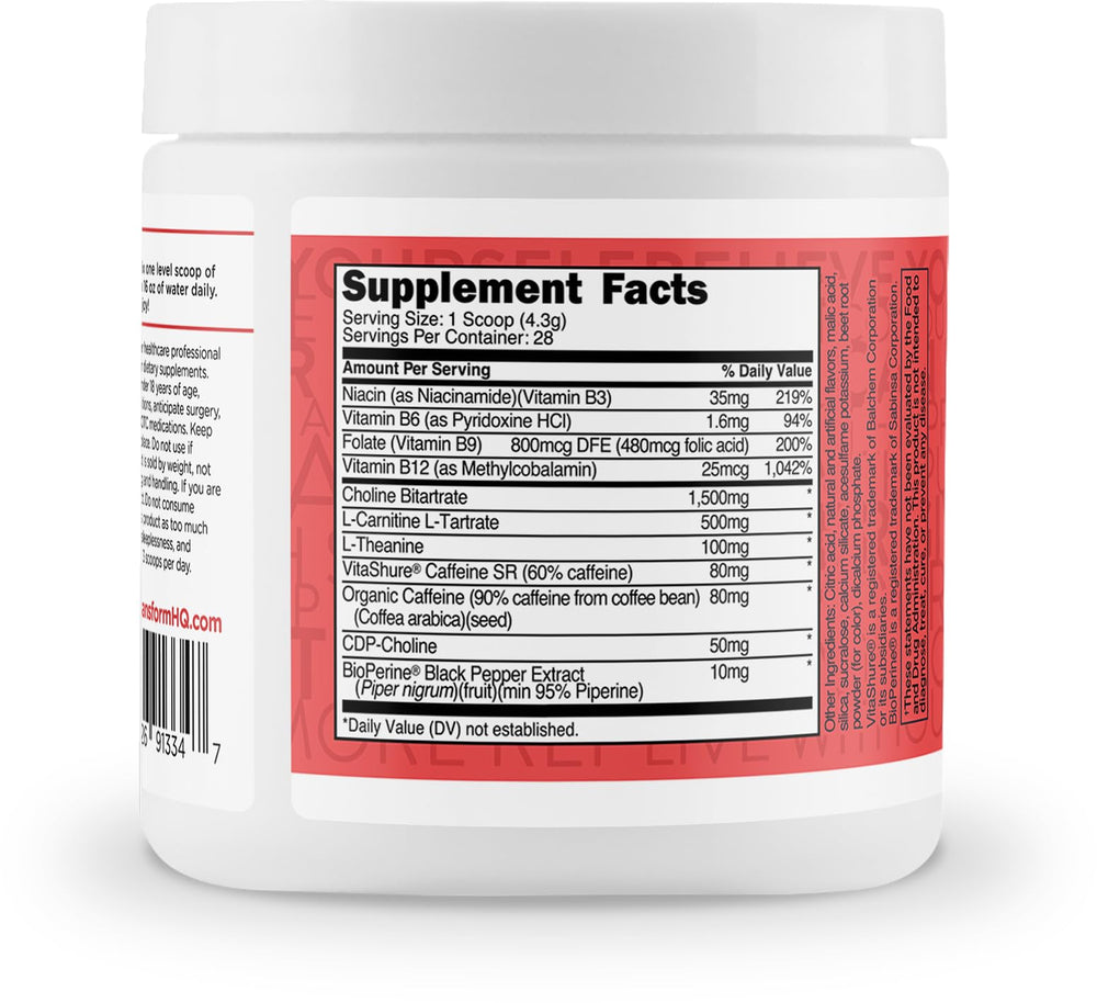 TransformHQ Energy & Focus Powder Fruit Punch label close-up showing clean ingredients.