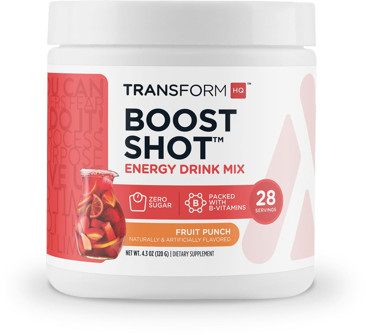 TransformHQ Energy & Focus Powder Fruit Punch tub with scoop for clean, steady energy.