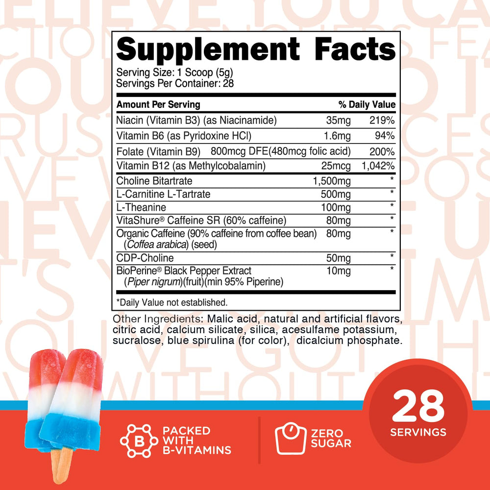 TransformHQ energy powder scoop beside glass of Rocket Pop drink for quick focus