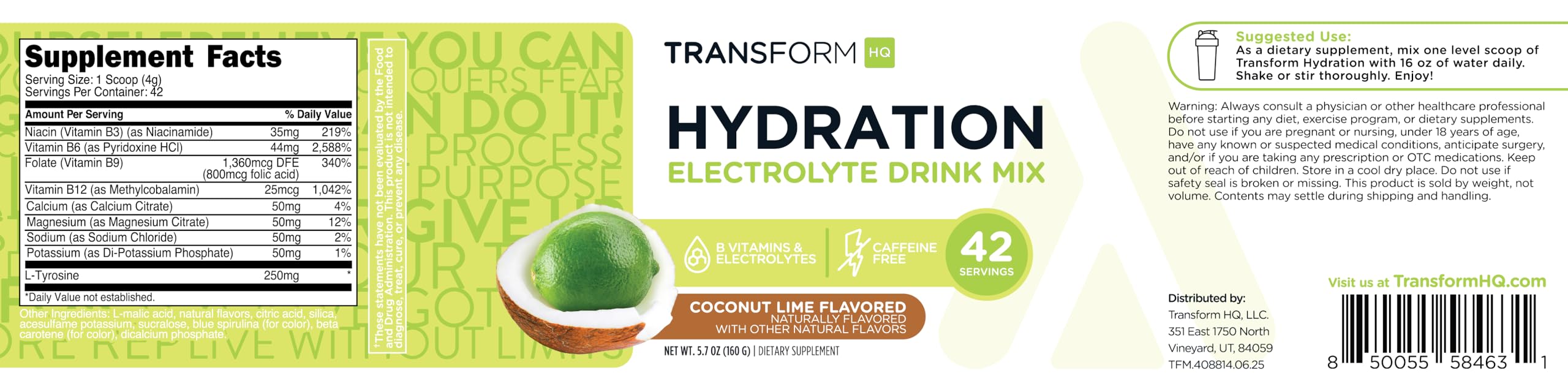 TransformHQ hydration label close-up highlighting ingredients and certifications