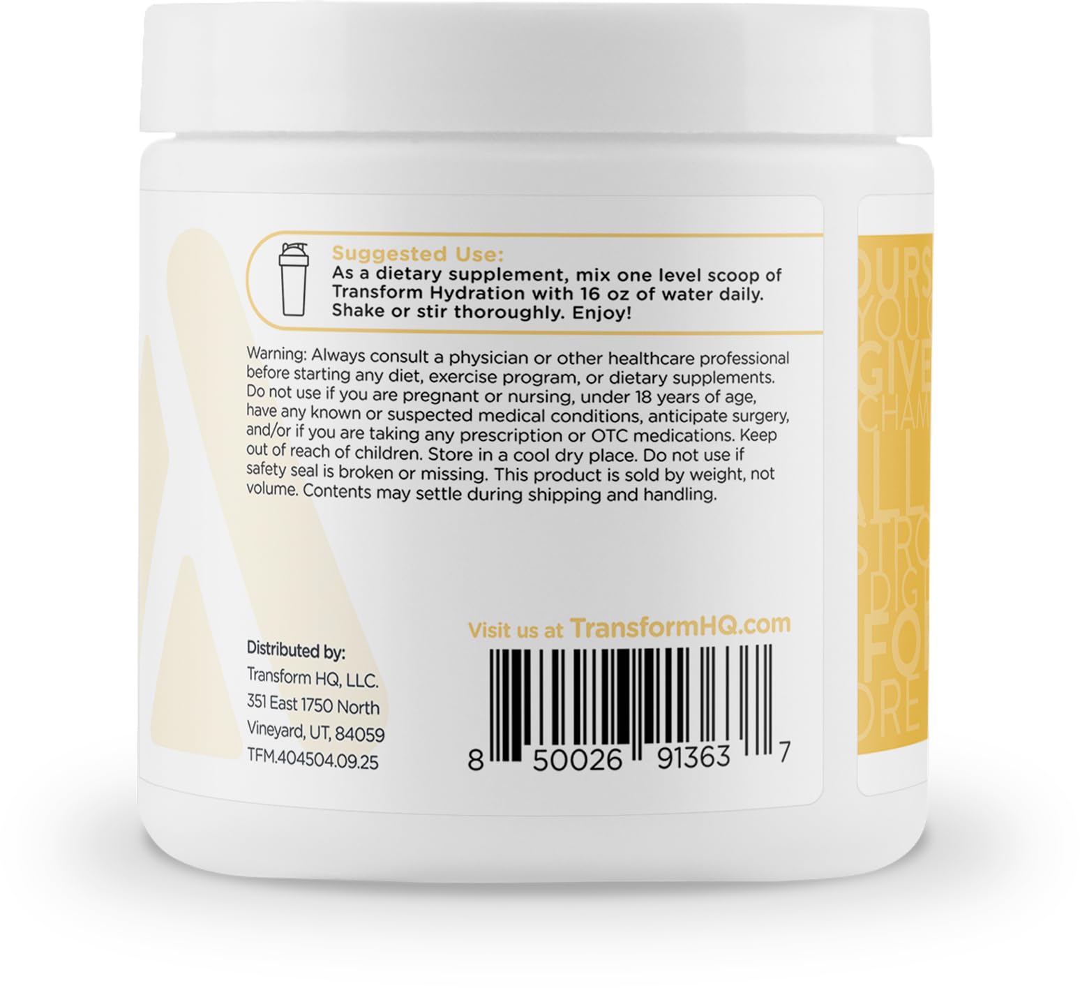TransformHQ Hydration pina colada label notes zero calories for guilt-free sipping.