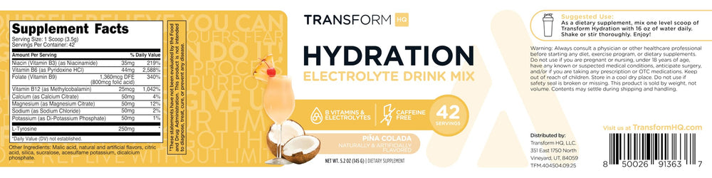 TransformHQ Hydration pina colada packshot highlights tropical flavor and convenience.