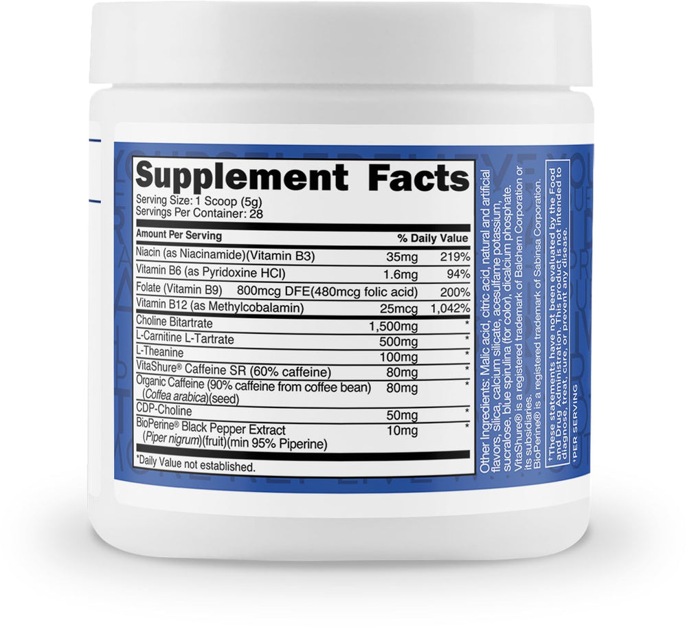 Close-up of TransformHQ ingredient label highlighting caffeine and gluten-free formula