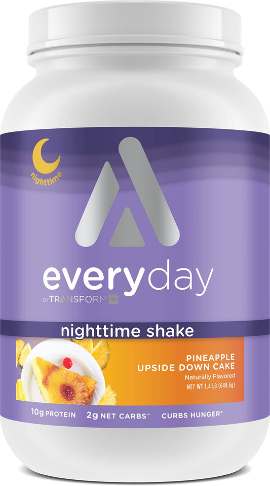 TransformHQ Nighttime Shake bottle shown for a protein-rich nightly routine.