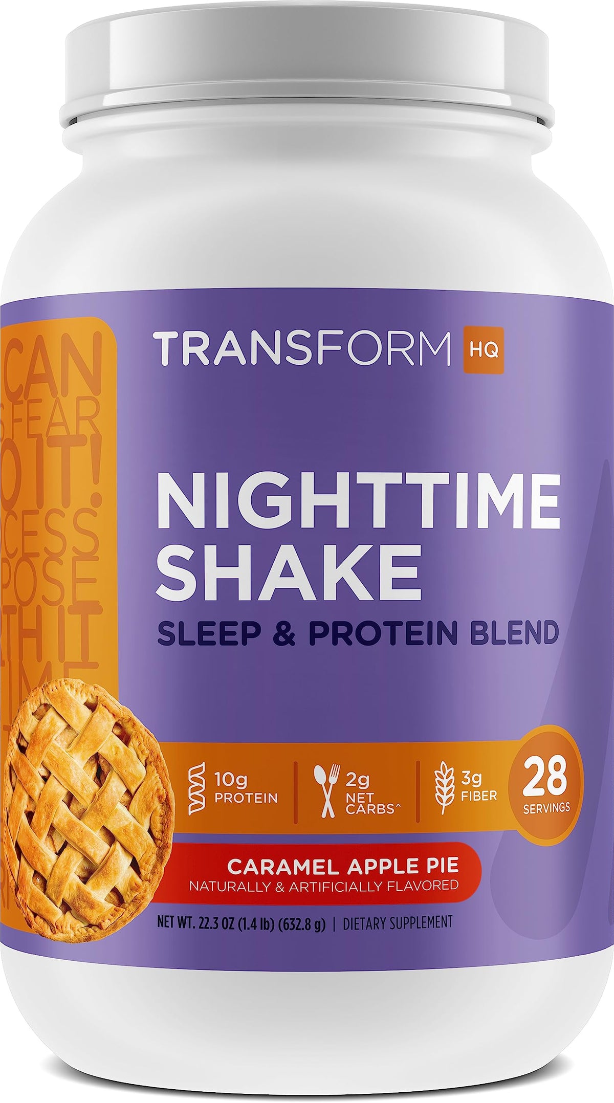 TransformHQ Nighttime Shake caramel apple pie pour, bedtime protein boost.