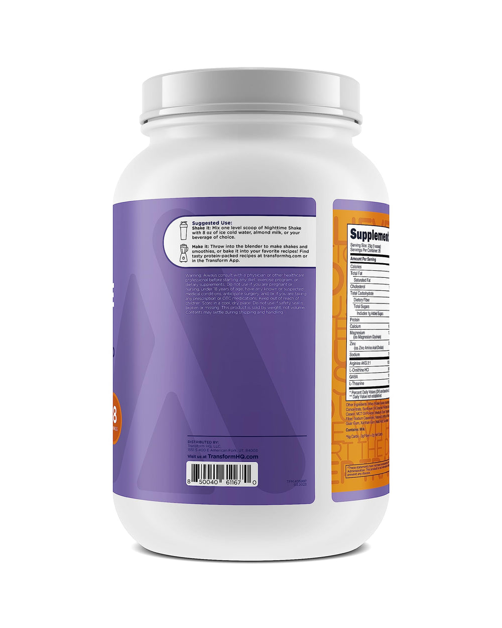 TransformHQ Nighttime Shake scoop, convenient protein source before bed.