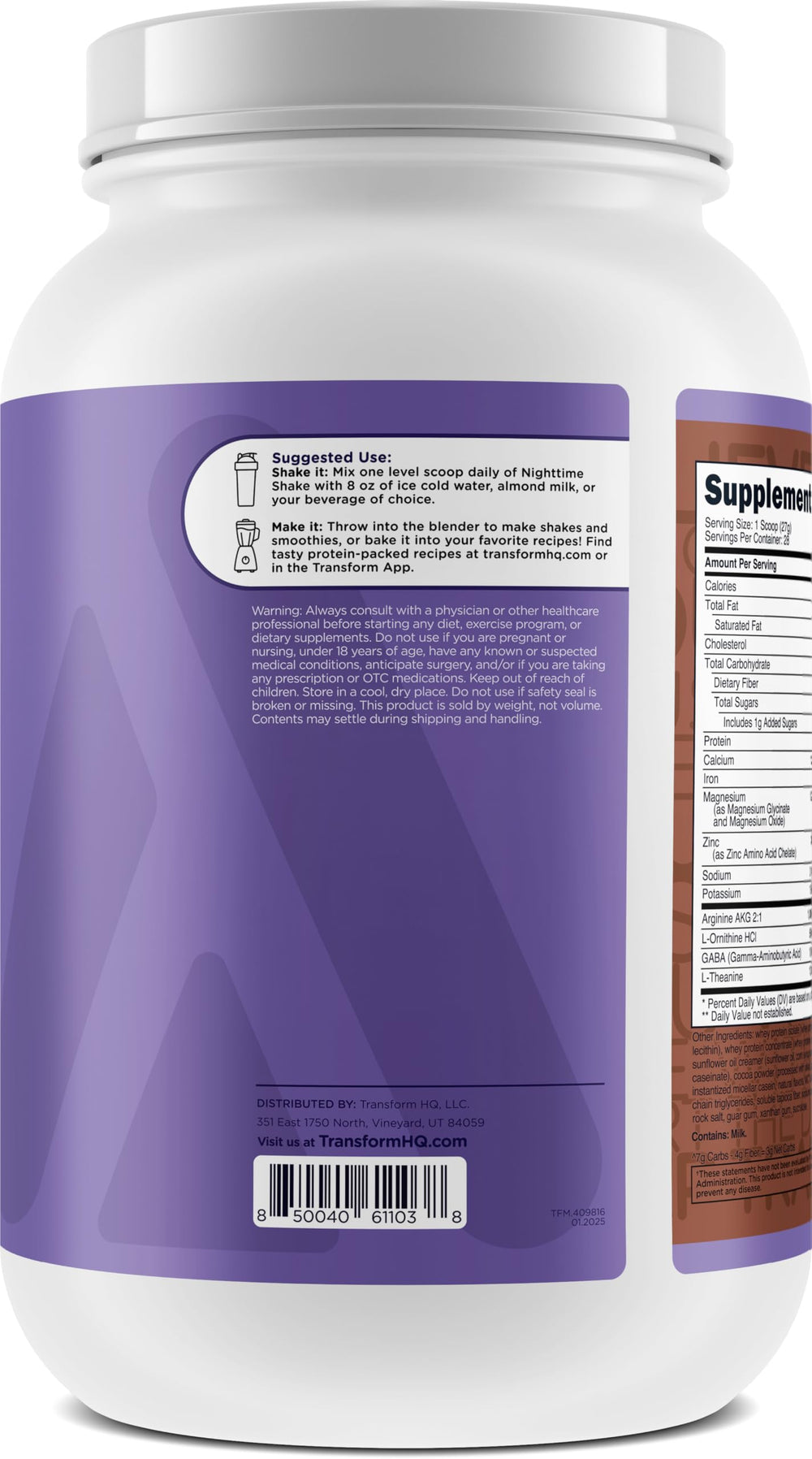 TransformHQ Nighttime Shake label highlights NSF/GMP/FDA safety certifications