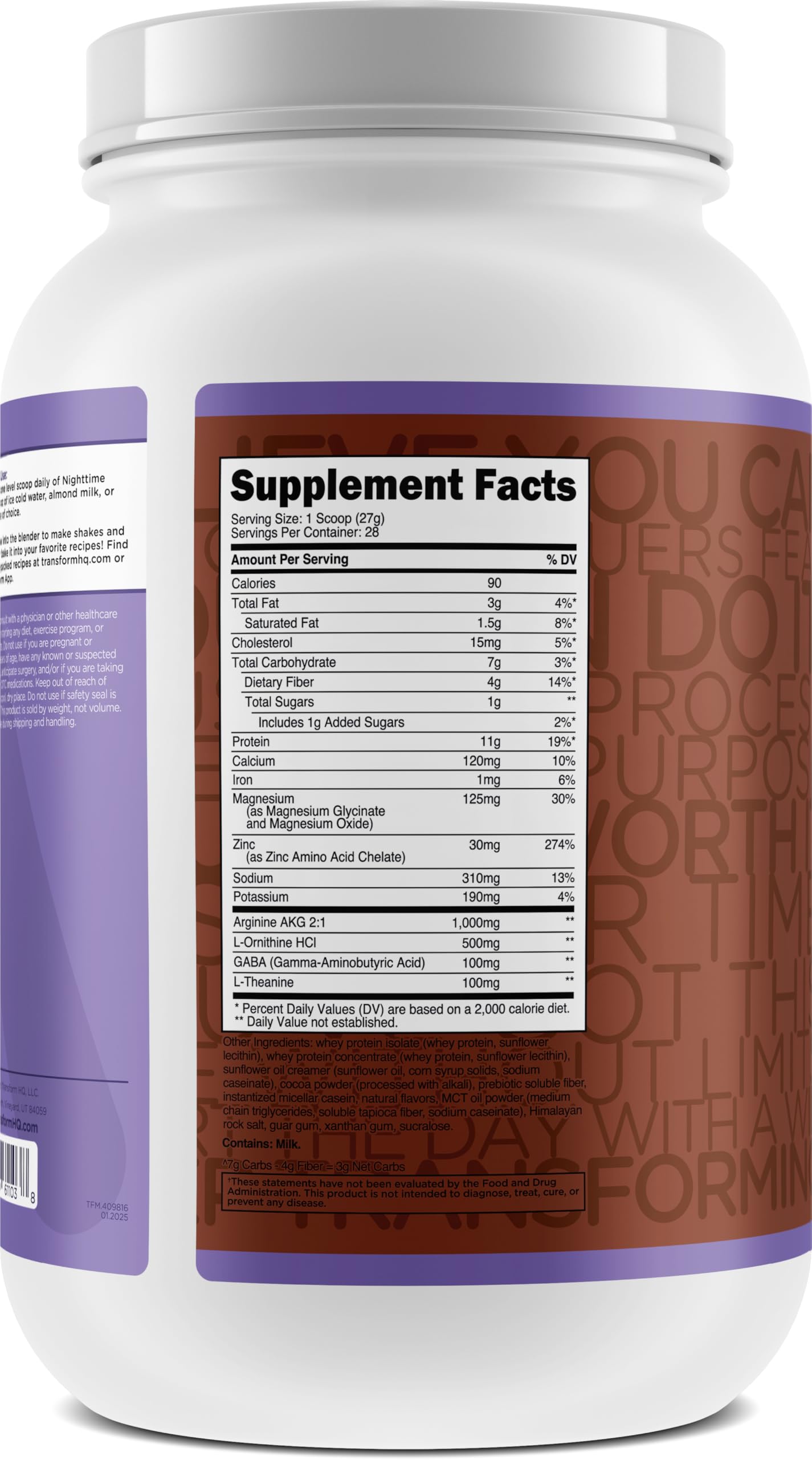 TransformHQ Nighttime Shake scoop indicates ready-to-mix formula with balanced macros