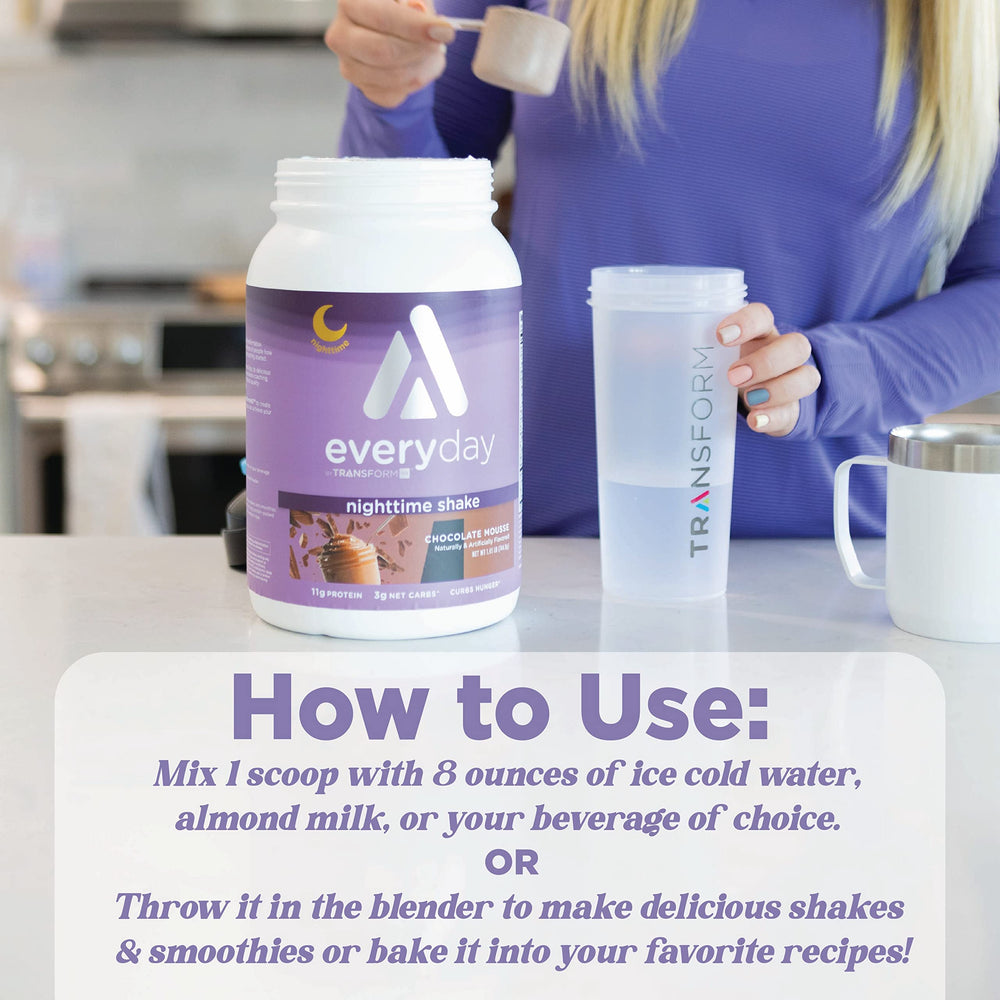 TransformHQ Nighttime Shake label close-up showcases NSF, GMP, and FDA credentials.