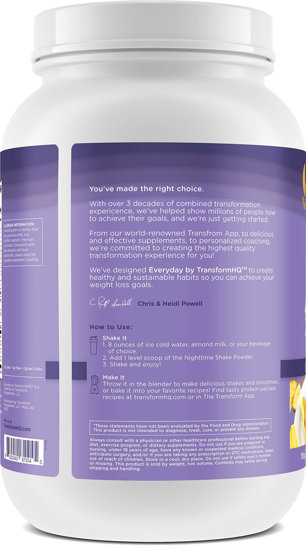TransformHQ Nighttime Shake powder container close-up emphasizes fast and slow-release protein.