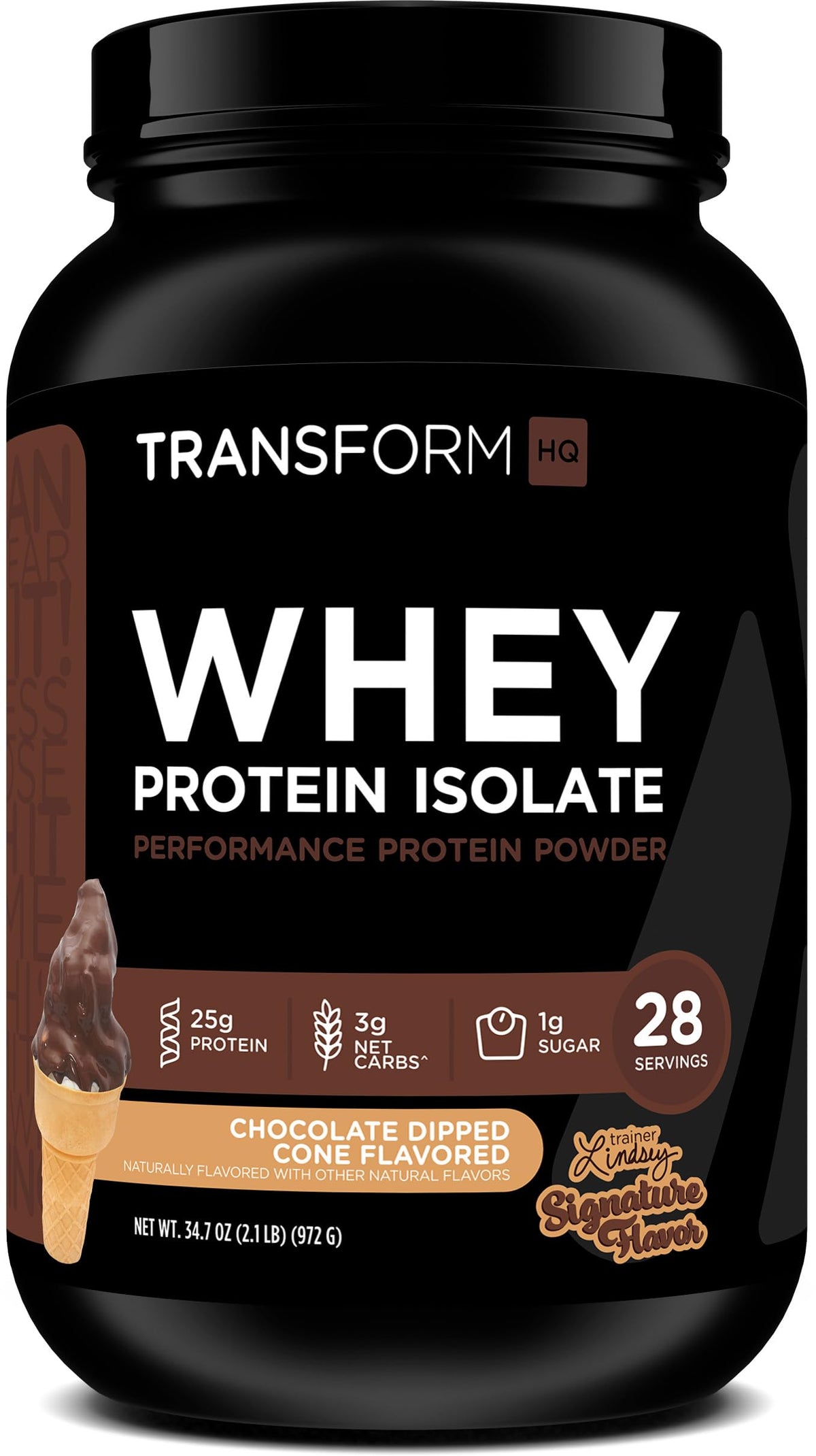 TransformHQ Whey Protein Isolate chocolate dipped cone tub front view for post-workout fueling.