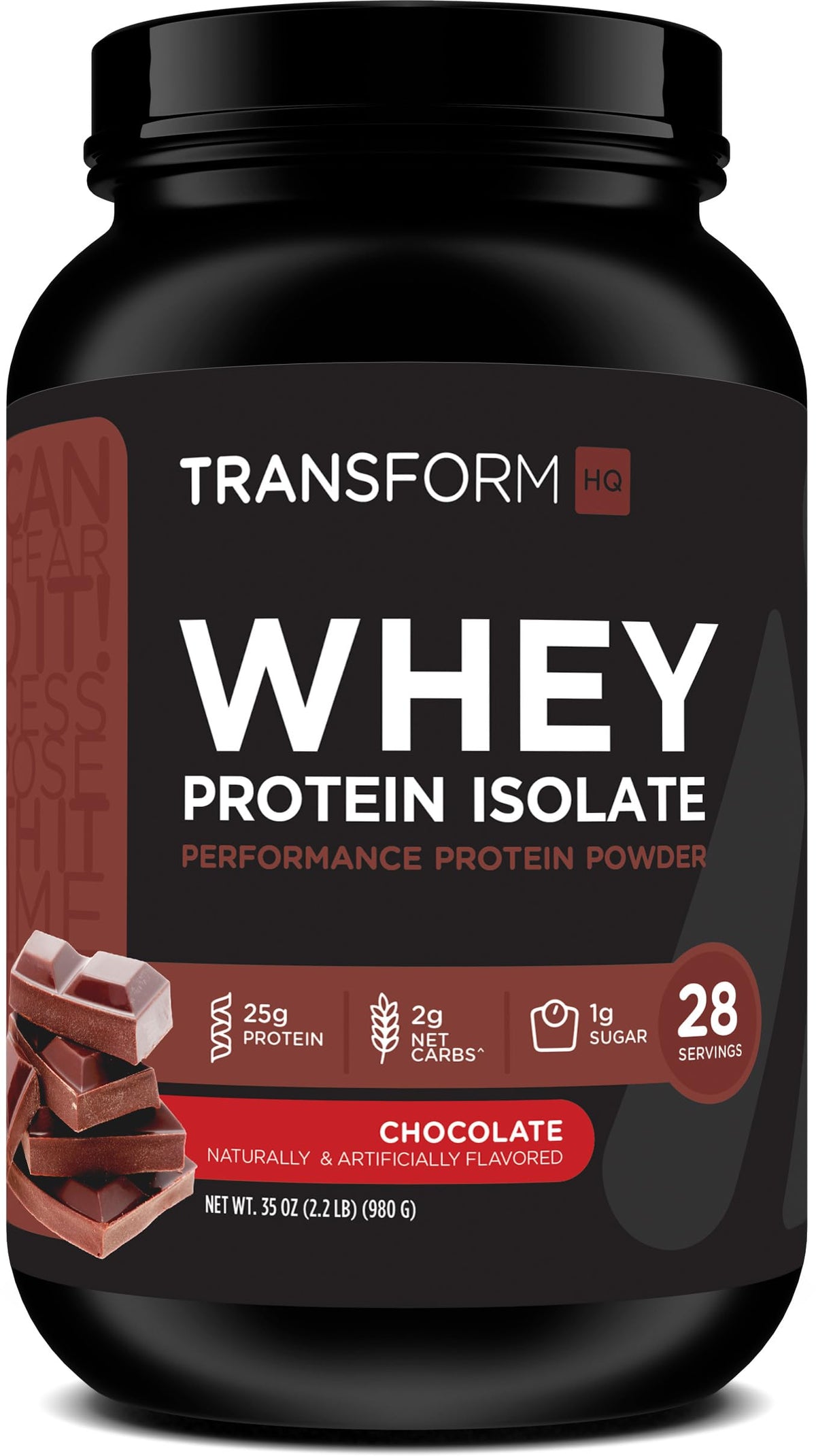 TransformHQ Whey Protein Isolate Chocolate bottle showing 28 servings for convenient daily protein