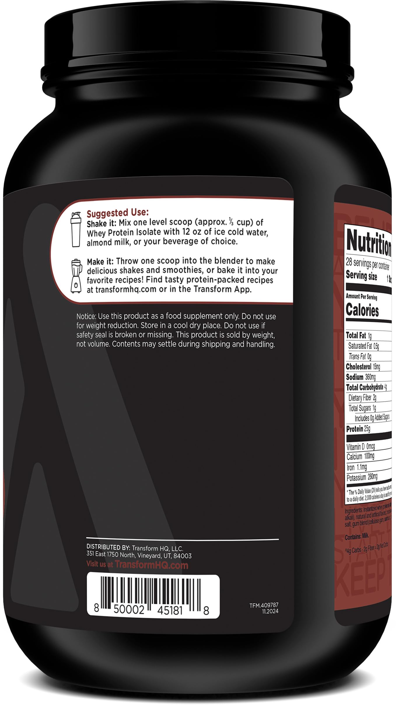 TransformHQ Whey scoop pouring into shaker for quick chocolate shake