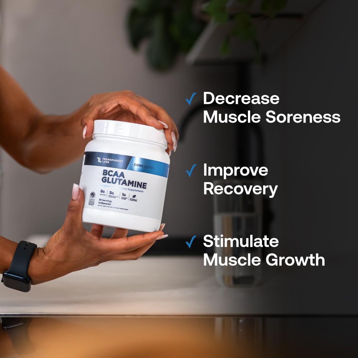 Transparent Labs BCAA Glutamine post-workout setup suggests intra-workout fueling options.