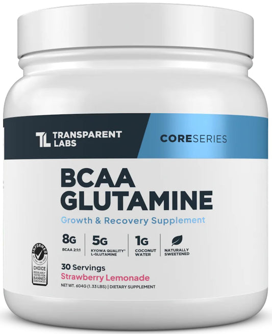 Transparent Labs BCAA Glutamine bottle in strawberry lemonade flavor for post-workout recovery.