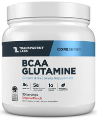 Transparent Labs BCAA Glutamine Tropical Punch bottle shows post-workout recovery potential.
