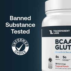 Transparent Labs BCAA Glutamine Tropical Punch scoop emphasizes convenient serving size.