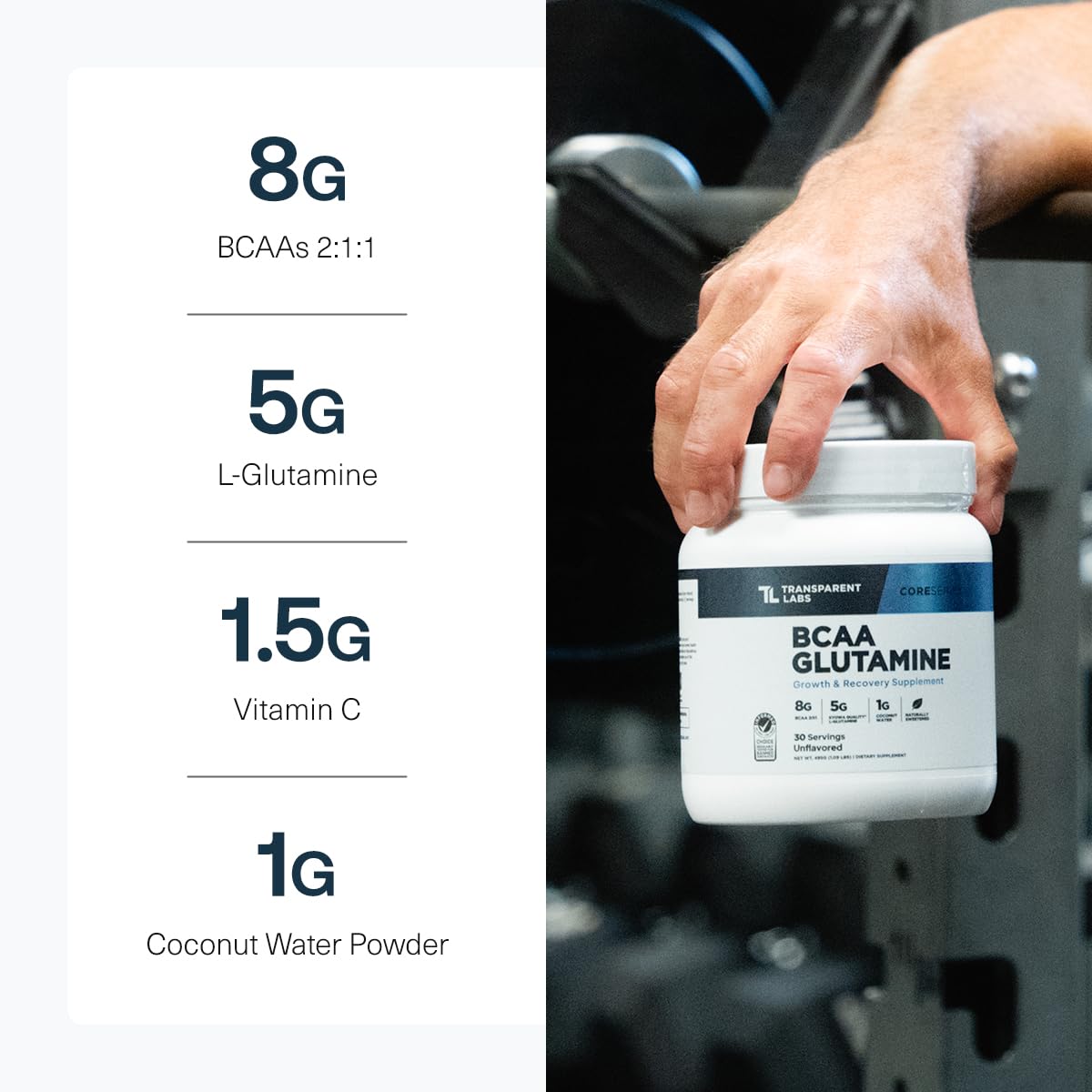 Transparent Labs BCAA Glutamine bottle focuses on vegan-friendly ingredients and clean label.