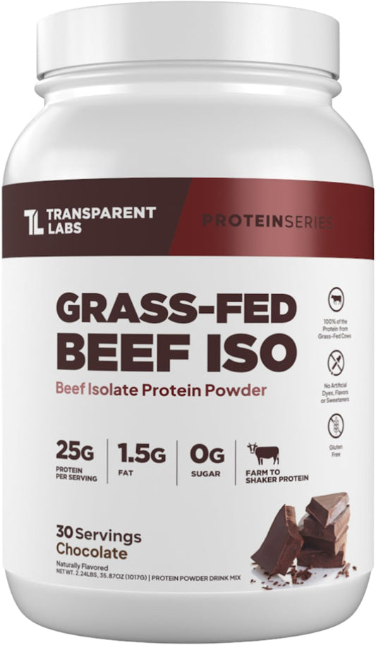 Transparent Labs Beef Isolate chocolate bottle highlights a dairy-free protein for lean recovery