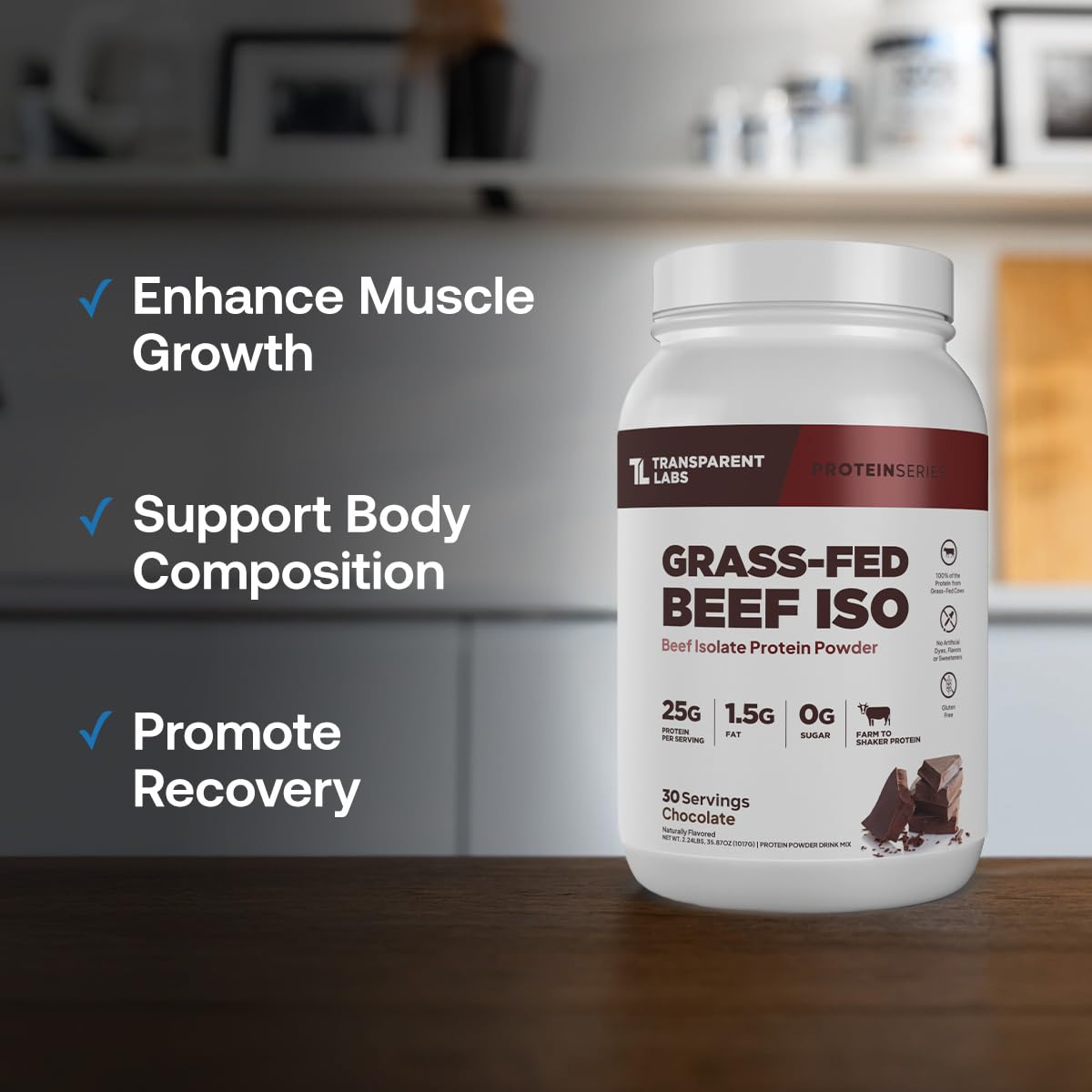 Transparent Labs Beef Isolate dairy-free claim beside ingredient highlights