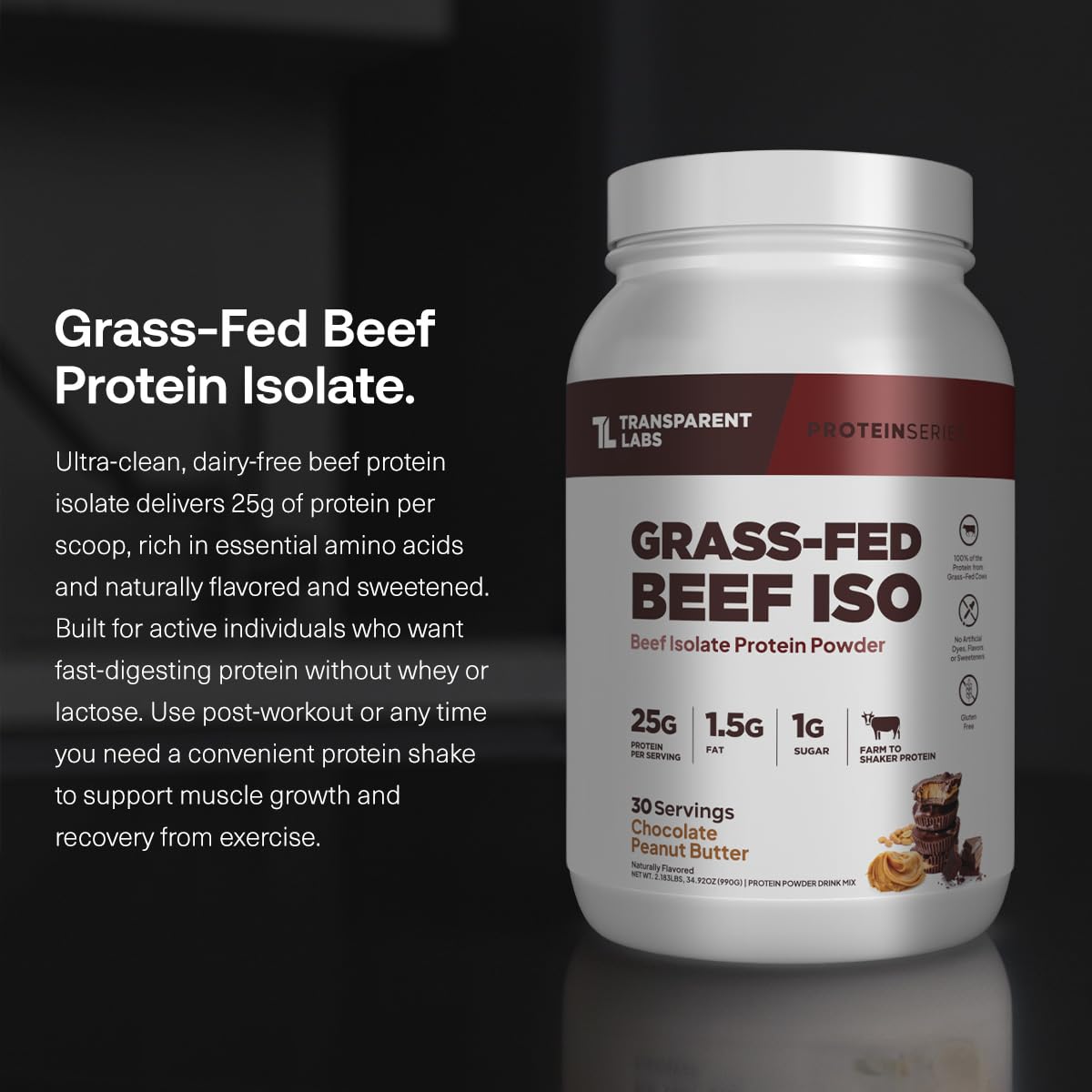 Transparent Labs beef isolate protein scoop close-up highlighting 25g protein per serving for muscles
